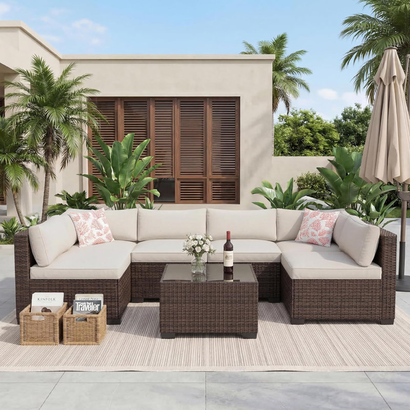 7-Piece All-Weather Outdoor Sectional Sofa Set, Waterproof Wicker Patio Furniture with Removable Cushions, Modern Gray Conversation Set for Poolside, Garden, and Backyard, Brown Vine+Beige Cushion