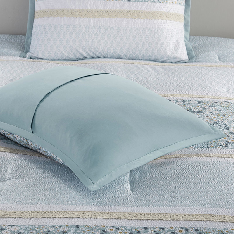 Édredon très grand avec coussins décoratifs - literie chic à motif floral en seersucker bleu 5 pièces pour bourre florale / botanique