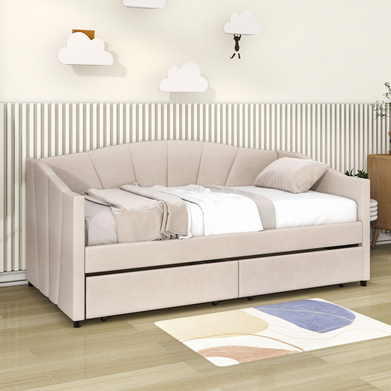 Torkelson Twin Size Velvet Upholstered Daybed with Two Drawers and Slats, Gray