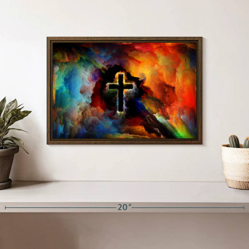 Croix colorée, 13 po x 9 po, Cadre flottant noyer