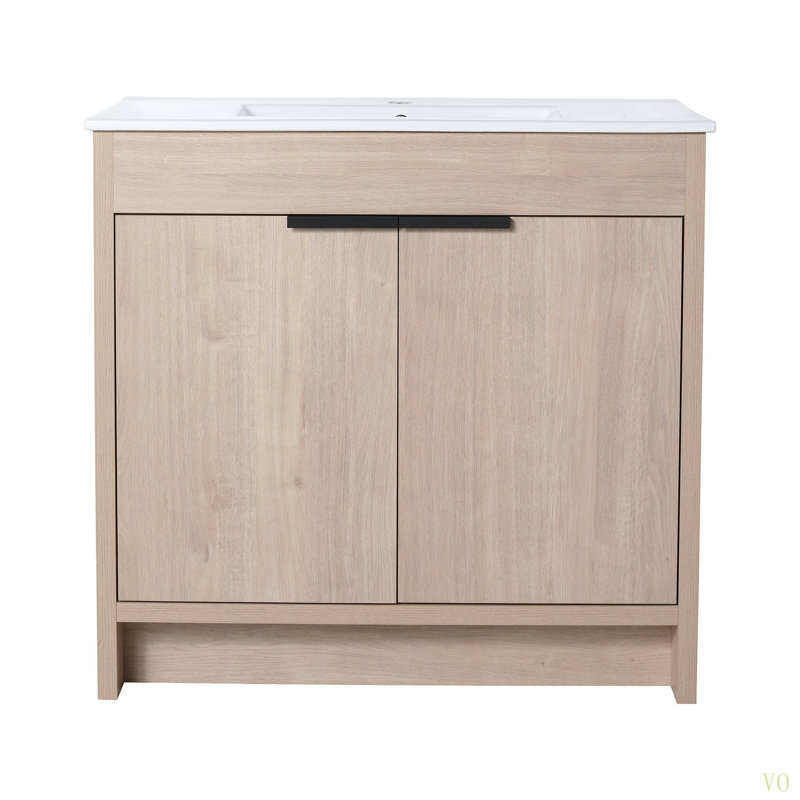 Meuble-lavabo autoportant de 36 pouces avec lavabo en céramique et 2 portes d'armoire à fermeture en douceur, Chêne clair uni
