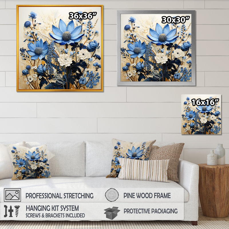 Bouquet de fleurs bleues et de fleurs blanches - Bonnets bleus FL107251, H 16 po x l 16 po x P 1 po, Noir