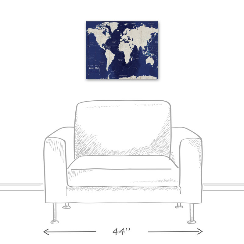Carte du monde bleu marine sur toile, H 16 po x l 20 po x P 1,25 po