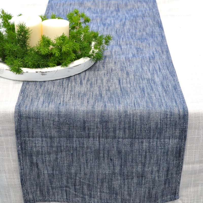 Chemin de table en coton avec bords cousus décoratifs, écharpe de commode, couvercle supérieur de meuble, Bleu
