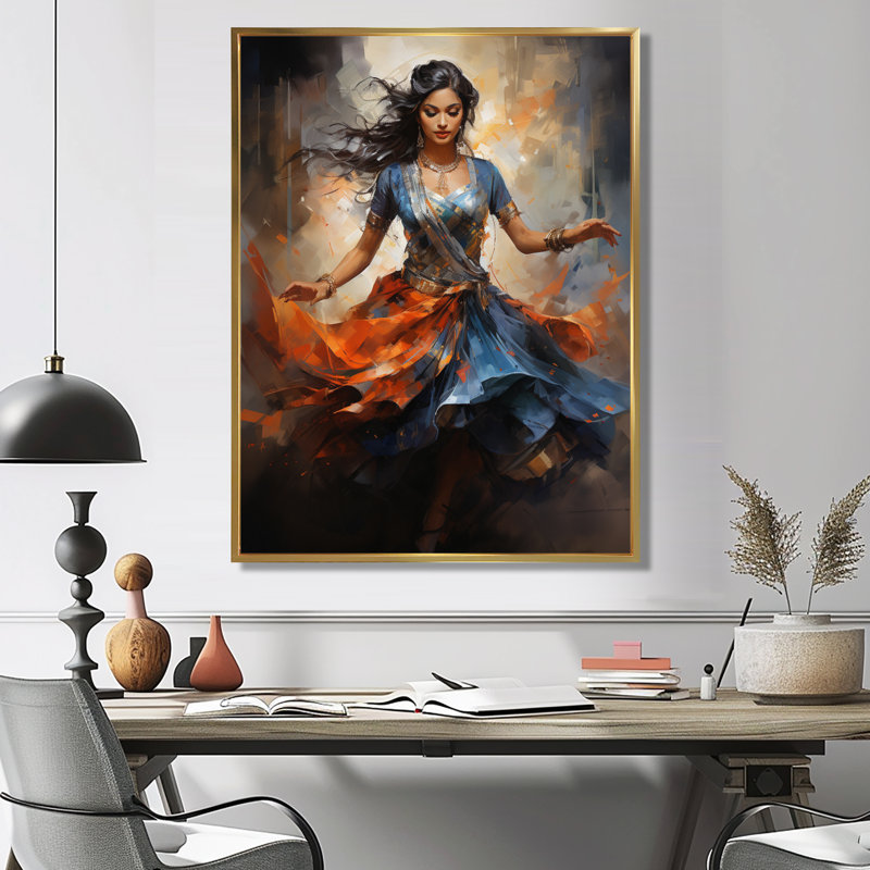 Art indien, Bharatanatyam Pose Dance IV - art mural indien, Cadre flottant doré, 44" H x 34" W