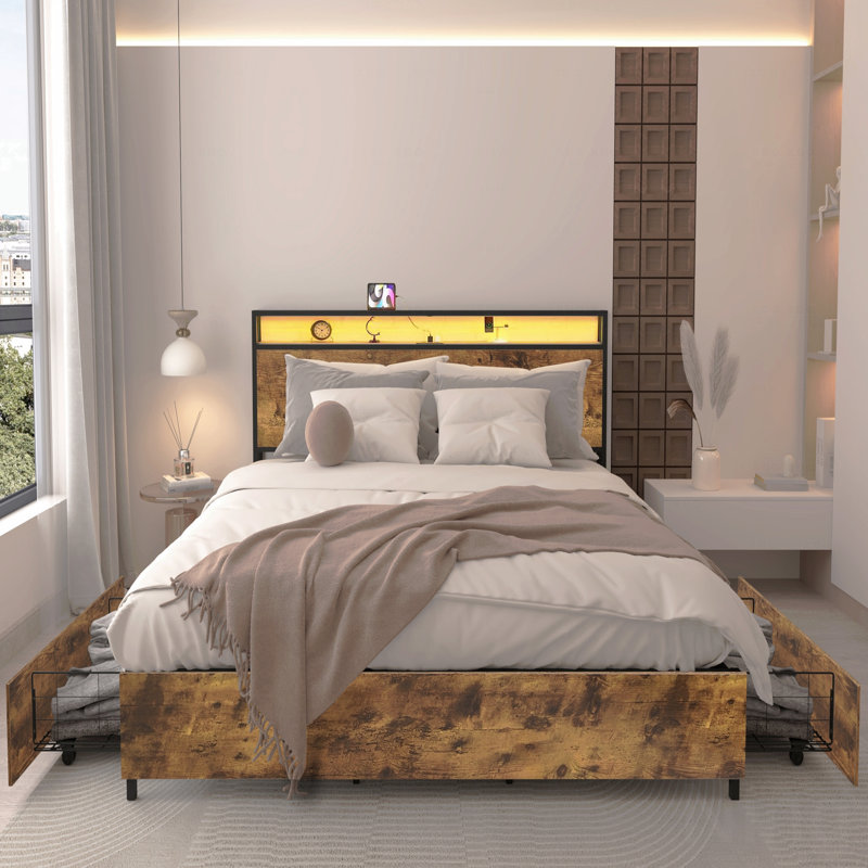 King Bed Frame, With Storage Function With Headboard With Charging Station, Solid And Stable, Noise Free