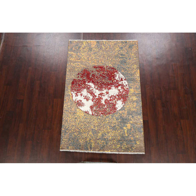 Tapis unique en laine / soie noué à la main 4 pi 1 po x 6 pi 4 po nouvel âge en rouge / jaune / gris