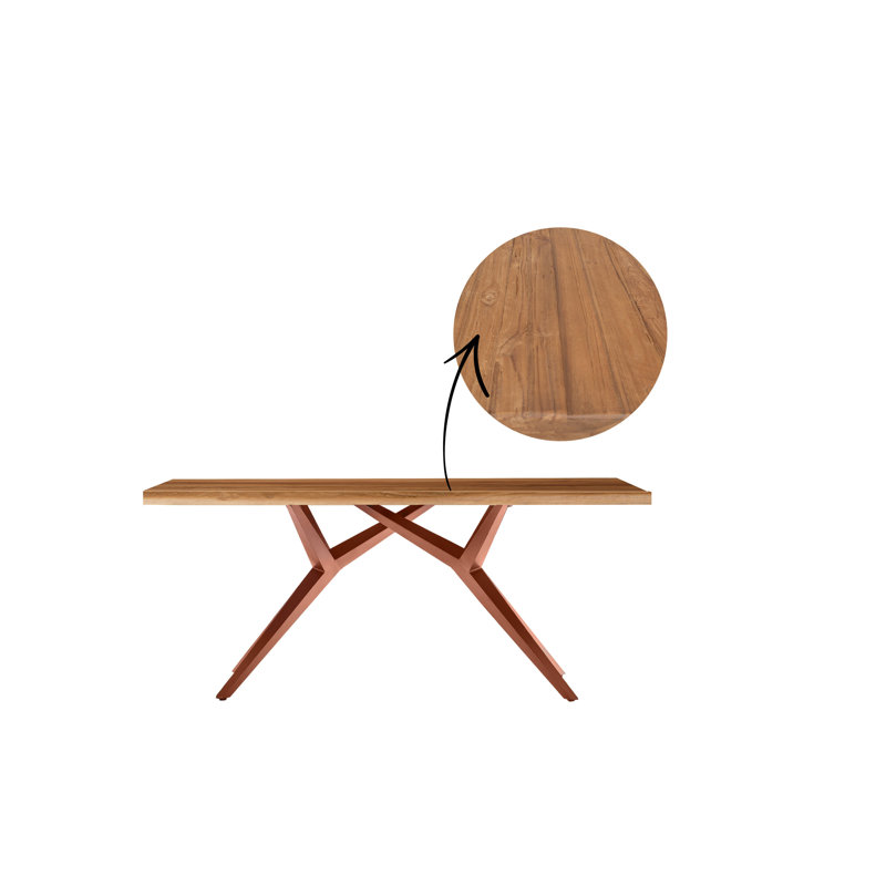 Noemi Teak Solid Wood Top Metal Base Dining Table, Bronze, H73 x L200 x W100cm