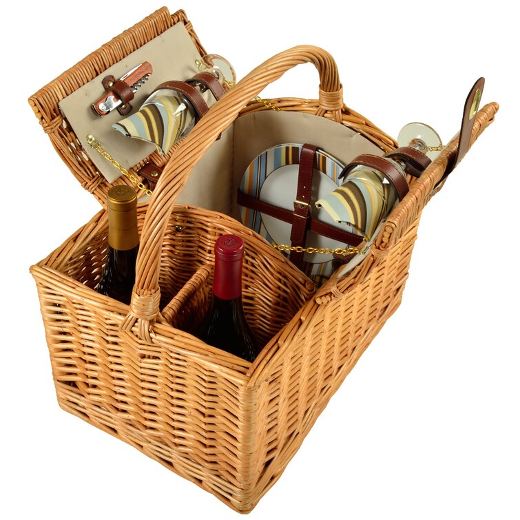 Wicker Picnic Basket for 4, 4 Person Picnic Kit, Willow Hamper Service Gift  Set with Blanket Portable Bamboo Wine Snack Table for Camping and Outdoor