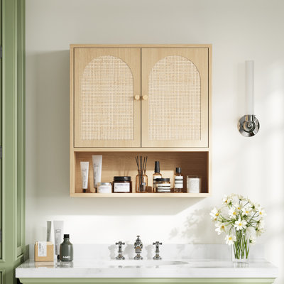 Bathroom Wall Cabinet Oak Real Rattan 2 Doors 1 Shelf
