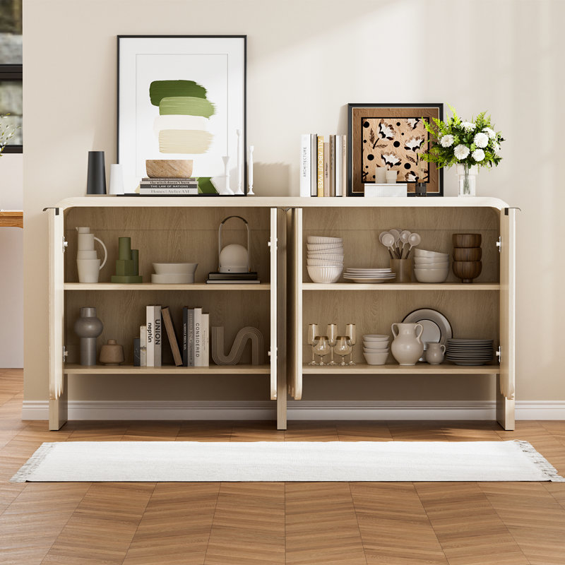Modern Sideboard Buffet Cabinet, Accent Cabinet With 4 Doors And Adjustable Shelf, Fluted Console Cabient With Metal Handle, Wooden Storage Cabinet For Kitchen, Hallway, Entrway
