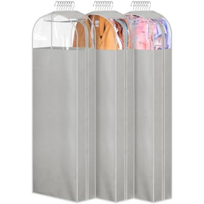10" Gusseted Garment Bags For Hanging Clothes Storage 60" Dress Bags For Gowns Long Breathable Dress Cover For Closet Storage Coat Protector, 3 Packs, Grey