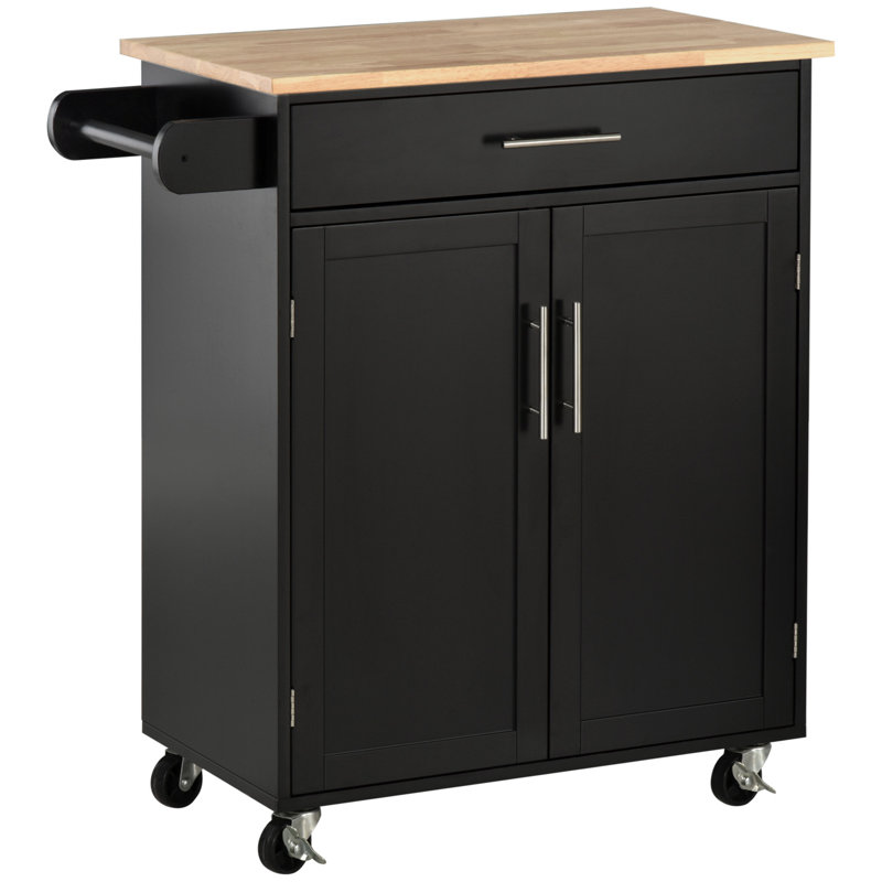 Kitchen Island Cart Rolling Trolley Cart With Drawer, Storage Cabinet & Towel Rack, Black, Black