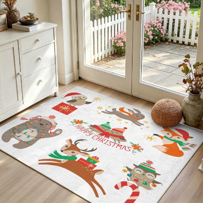 Tapis blanc lavable à la machine à motif de Noël avec bois