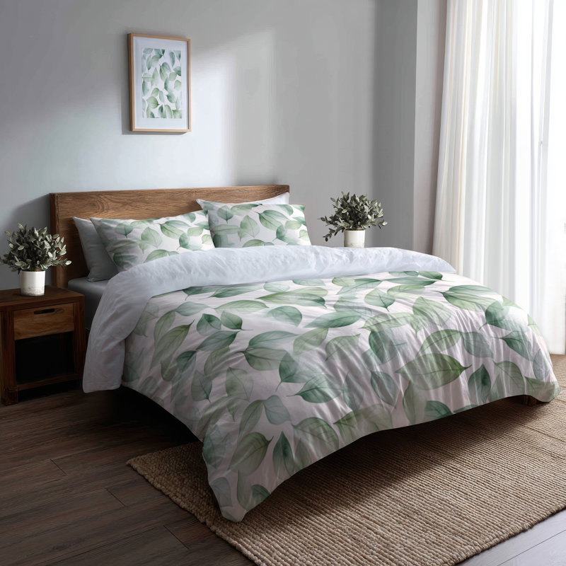 Ensemble de housse de couette Boho - Ensemble de literie et de coussins décoratifs 3 feuilles vertes zen