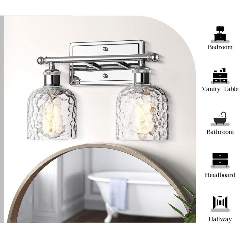 Chrome 2-Light Bathroom Vanity Fixture with Clear Hammered Glass Shades