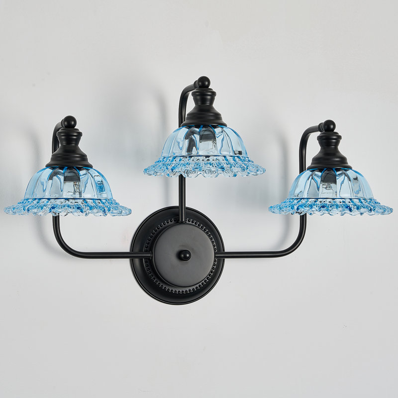 25.5" Wide 3-light Vanity Fixture, Black Frame And Blue Glass UL Listed, 3, Blue, Matte Black