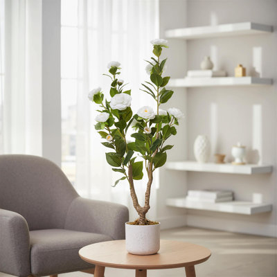 Arbre de camélia artificiel 3 pi avec fleurs blanches, plante artificielle réaliste en pot pour décoration intérieure et extérieure