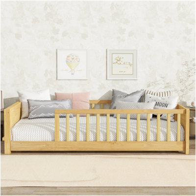 Twin Size Floor Platform Bed With Built-In Book Rack,Natural