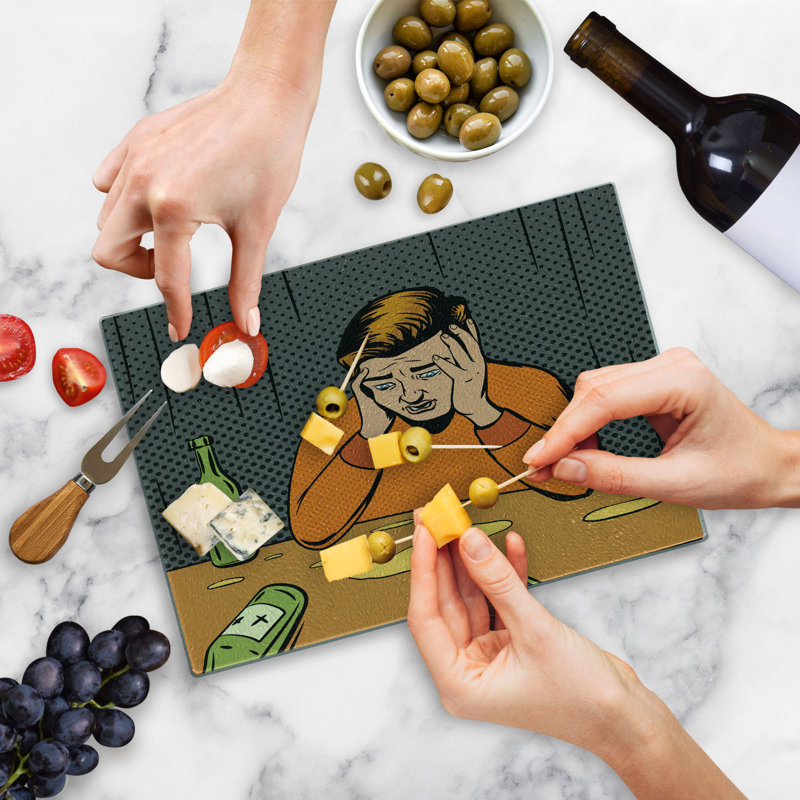 Ambesonne Comic Tempered Glass Cutting Board Drunk Man and Empty Bottles Multicolor