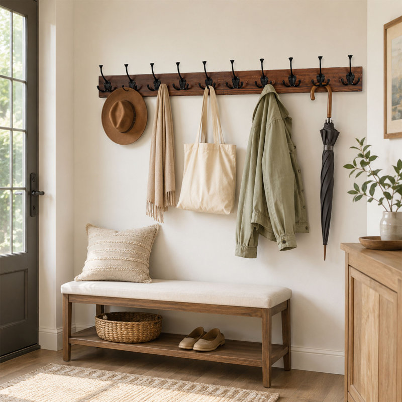Rustic Wood Wall Mounted Coat Rack with Hooks