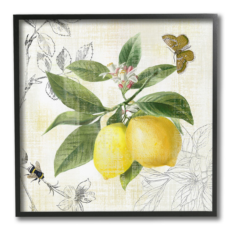 Art de giclée rétro encadré à motif de citron par Nan, Giclée encadrée noir minuit, H 17 po x l 17 po