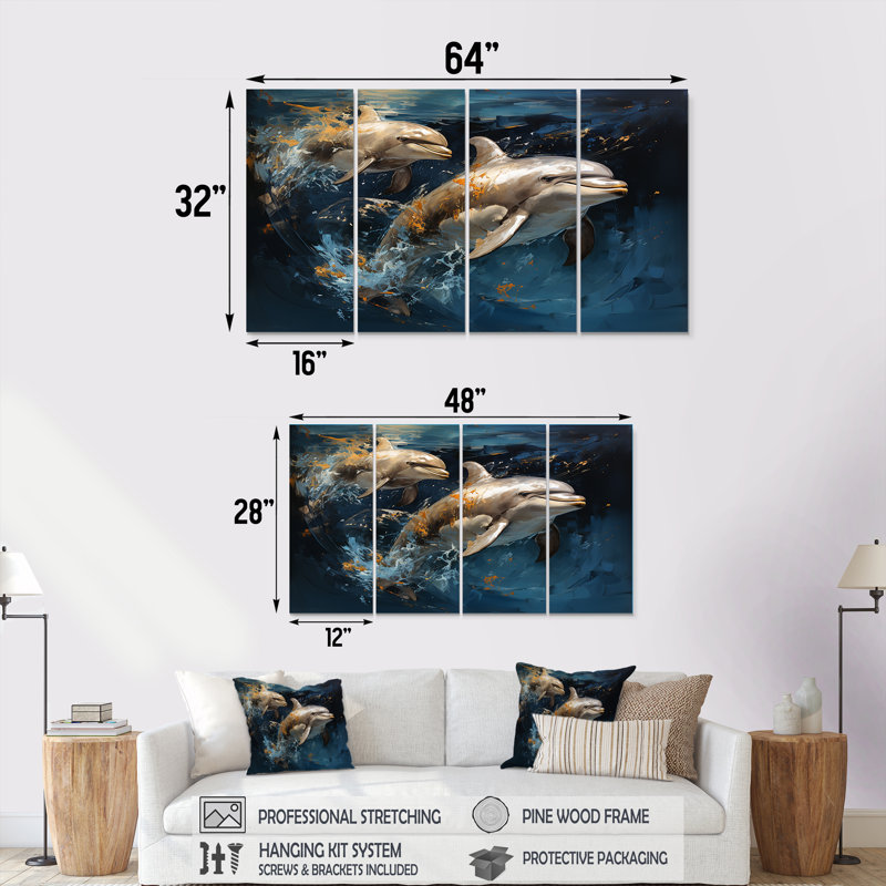 «Blue Dancing Dolphines II - Dolphin», art mural 4 pièces, H 28 po x l 48 po