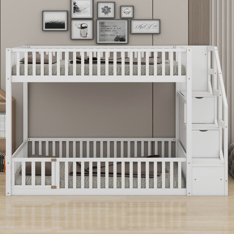 Lit superposé moderne avec solutions de rangement pour escalier, Blanc