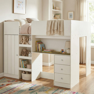 Solid Wood Full Size Loft Bed with Built-in Wardrobe, Desk, Storage Shelves and Drawers for Bedroom