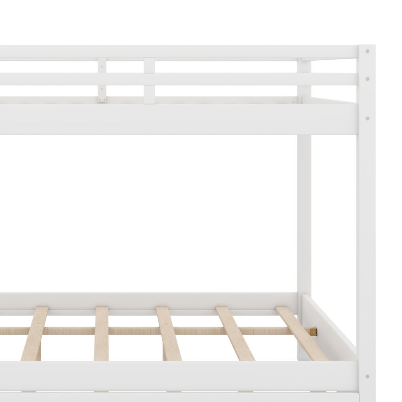 Queen Bunk Bed With Trundle, Heavy Duty Bunk Beds Frame With Ladder And Full Length Guardrail, White