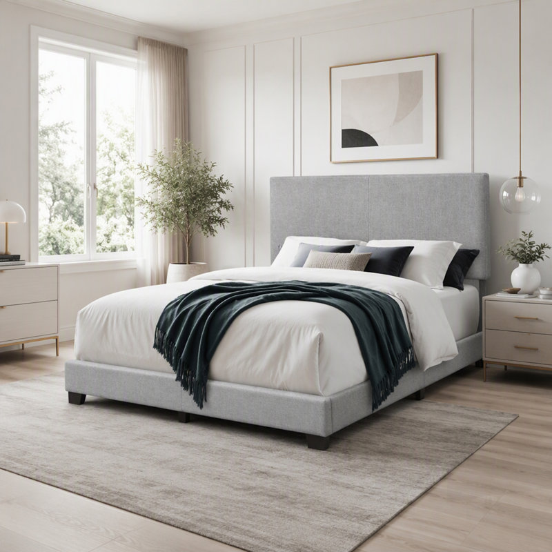 Structure de lit tapissier en lin avec bois d'hévéa massif et 4 lattes, parfaite pour les chambres modernes et confortables