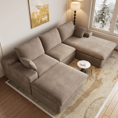 107" Comfy U-Shaped Sectional Modern Boneless Corduroy Couch with Chaise ‌and Ottoman‌ - No Assembly Required! Deep-Seat, Upholstered Modular Cloud Sofa for Living Room, Plush Corduroy Fabric(Camel)
