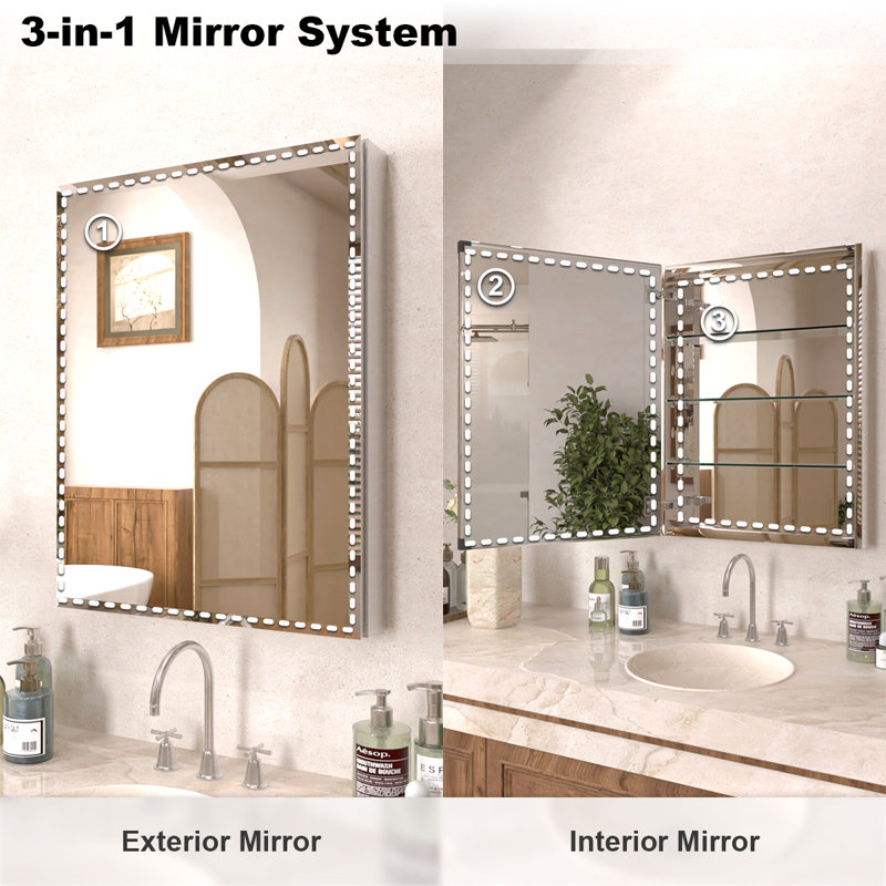 30 H x 23 W Frameless Medicine Cabinet with Mirrored Door for Recessed or Surface Bathroom Wall Storage, Silver
