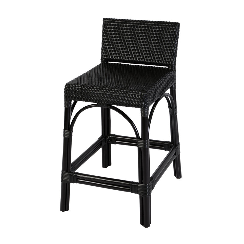 Serienna Blue & White Rattan Low Back Counter Stool, Bar Stool (30" Seat Height), Black