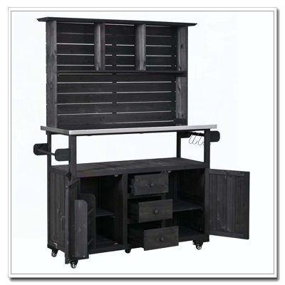 Grand banc de rempotage de jardin 65 po avec roulettes verrouillables, îlot de cuisine extérieur en bois avec plateau en acier inoxydable