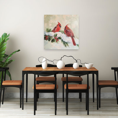 «Crimson Winter Duet Serene Contemporary Bird Pine Nature Portrait», art mural