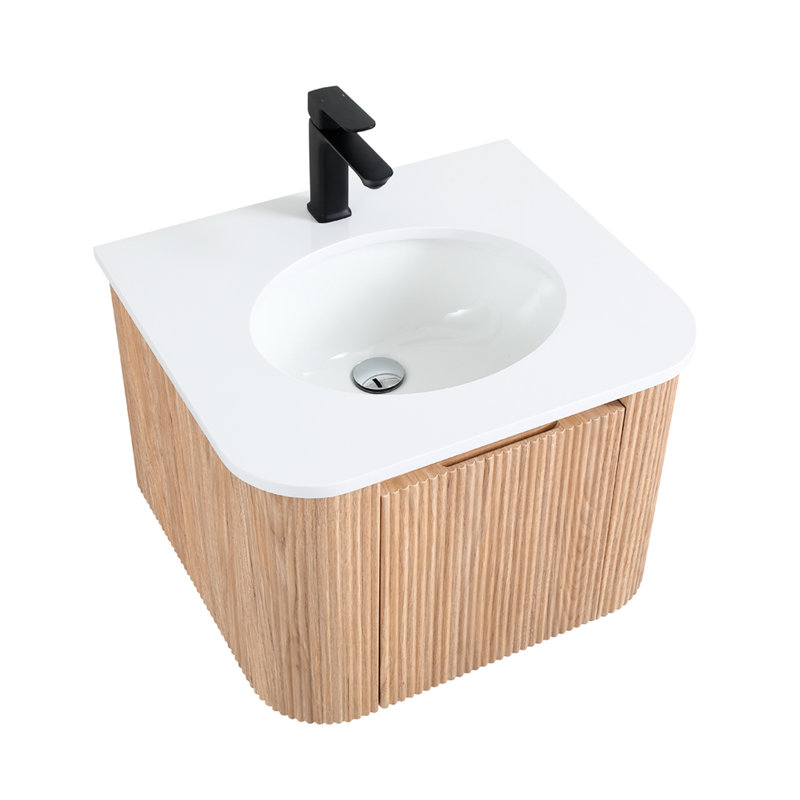Meuble de salle de bain mural 24 po, forme courbée moderne, finition en bois naturel, lavabo en marbre de culture, tiroir à fermeture en douceur pour unité à fixation quotidienne, profil, lattes, articles de toilette intégrés