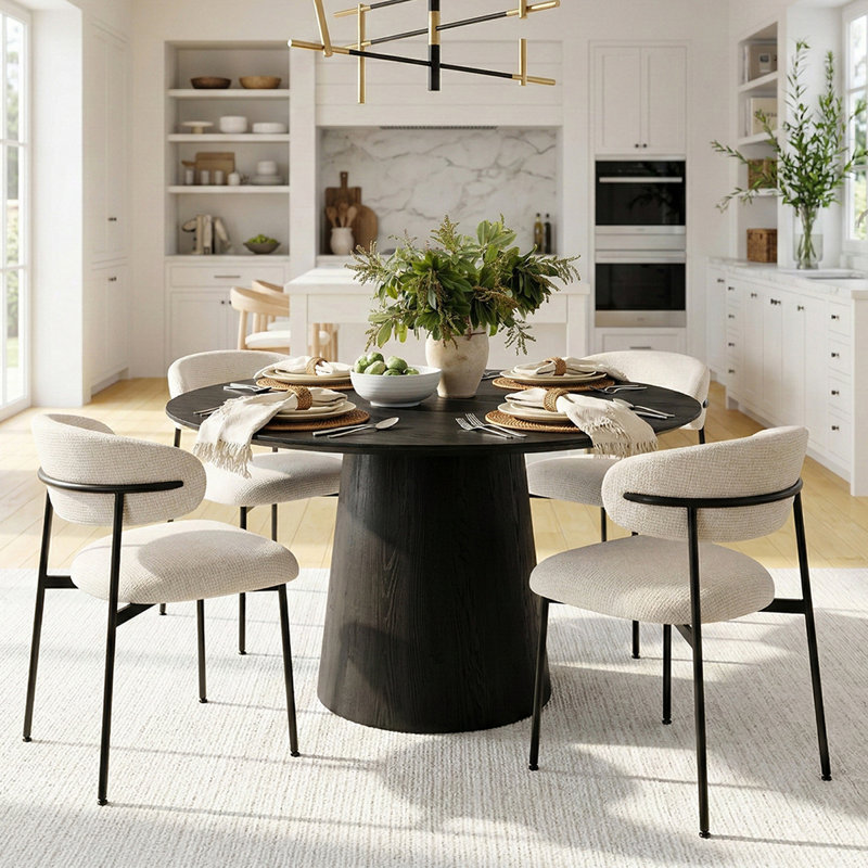 5-Piece Round White Oak Dining Table Set For 4, Santi Beige