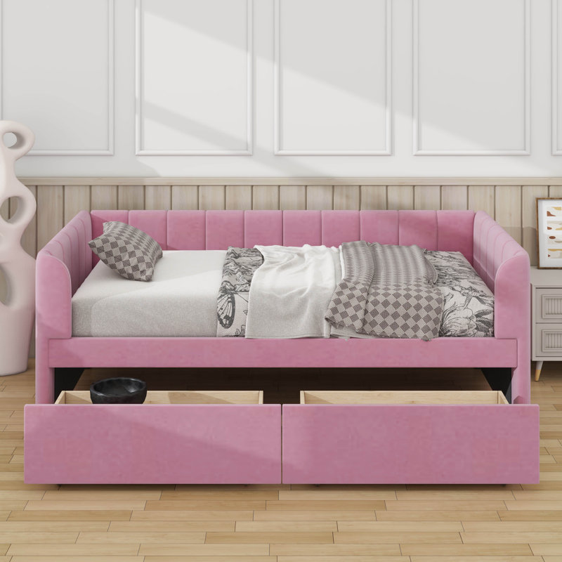 Lit de jour simple tapissier avec tiroirs, Rose