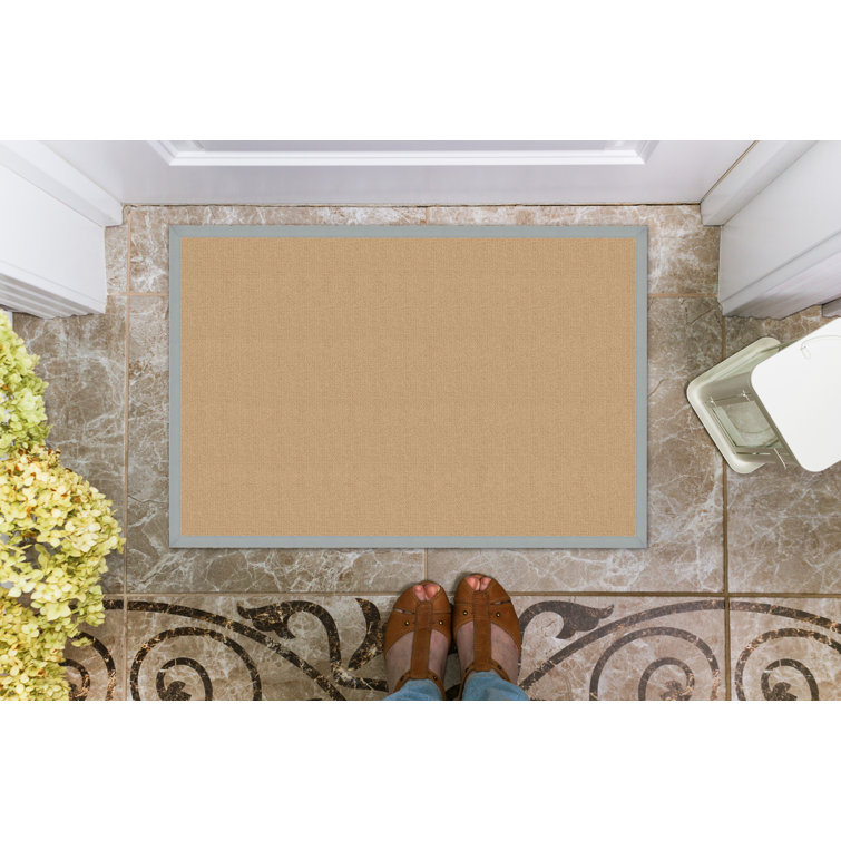 Nannette Handmade Medium Beige Berber with Ice Blue Cotton Border Area Rug
