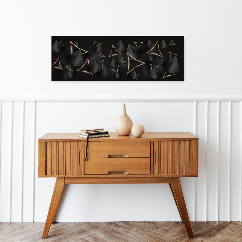 Art mural contemporain abstrait géométrique noir et or, H 36 po x l 12 po