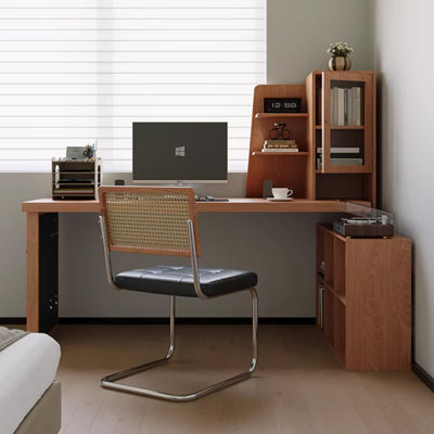Noyer clair + bureau en bois massif en forme de L noir + fer