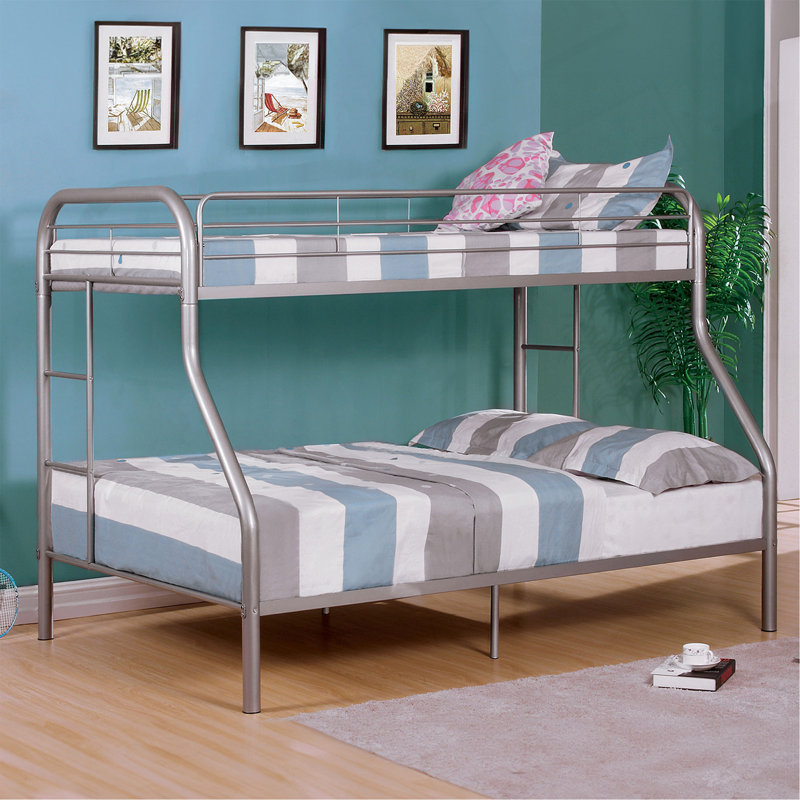  Lit superposé au-dessus de métal de style contemporain avec échelle en angle, Argent argent, Simple sur double