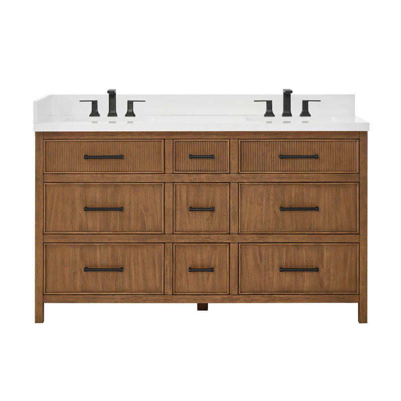Ensemble de meuble-lavabo double 60 po Isola, Brun, Noir mat, Quartz blanc