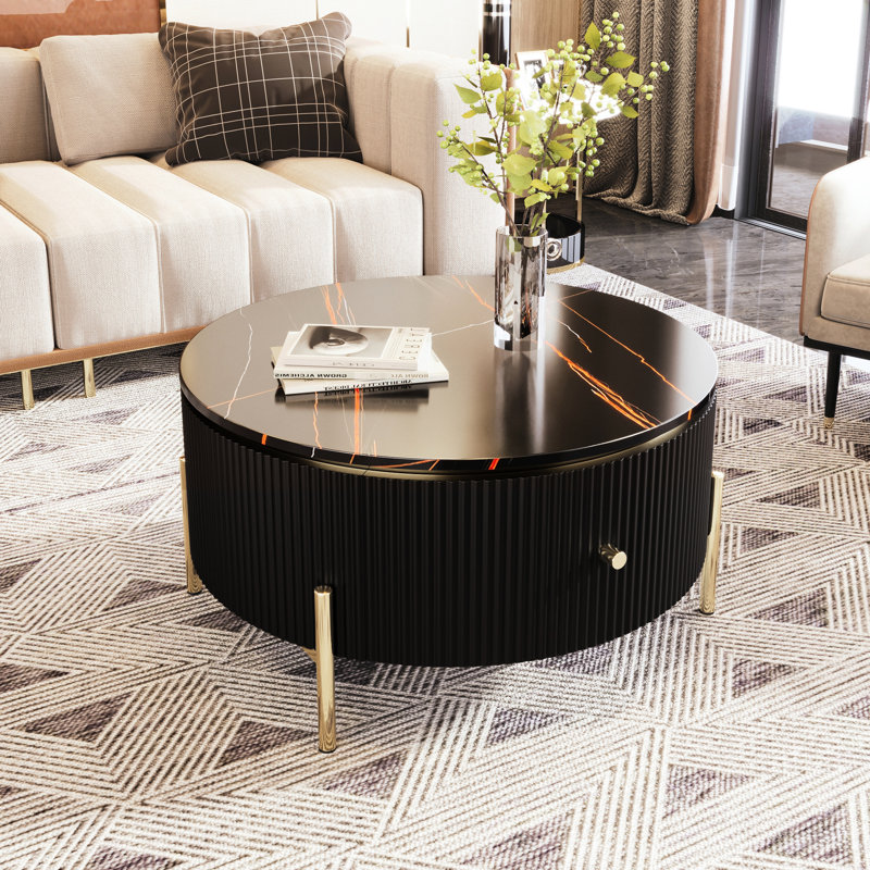 Table basse contemporaine noire avec 2 grands tiroirs de rangement, construction et pieds en marbre chic, Noir