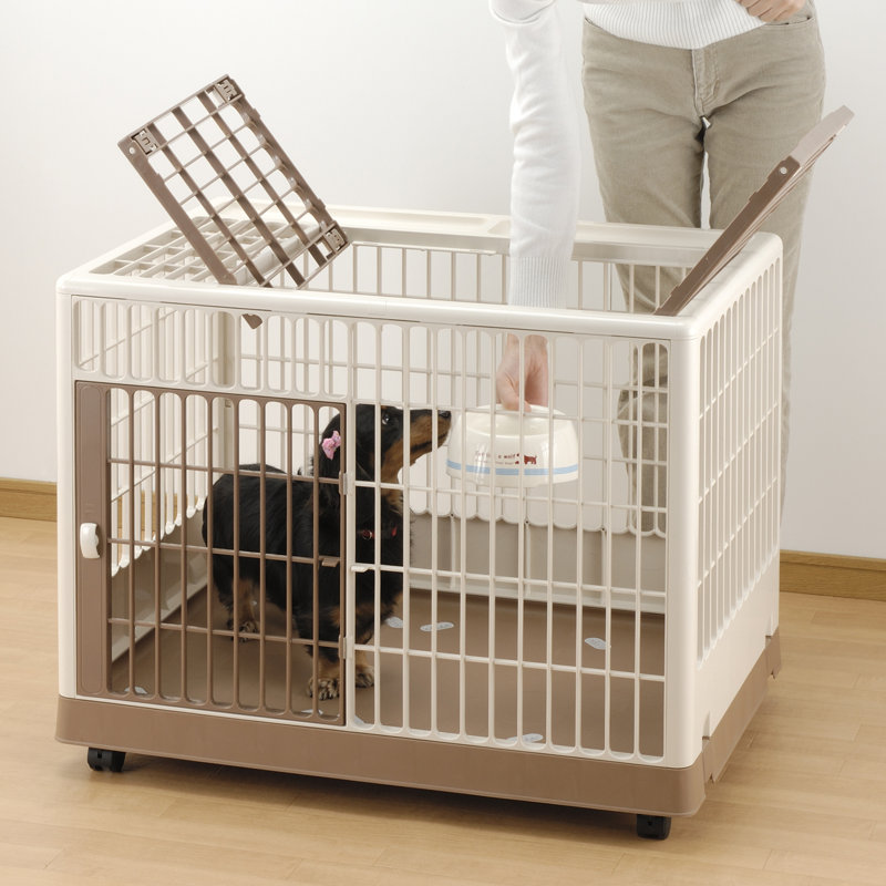 Medium Off-White and Brown Plastic Rolling Pet Crate