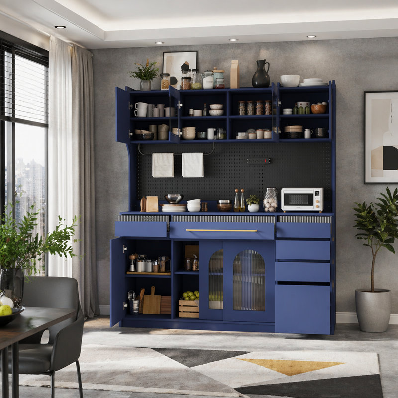 Buffet de 63 po avec huche, armoire de rangement pour garde-manger avec 6 tiroirs, 5 armoires, tablettes réglables, prise de courant, panneau perforé et porte-serviettes