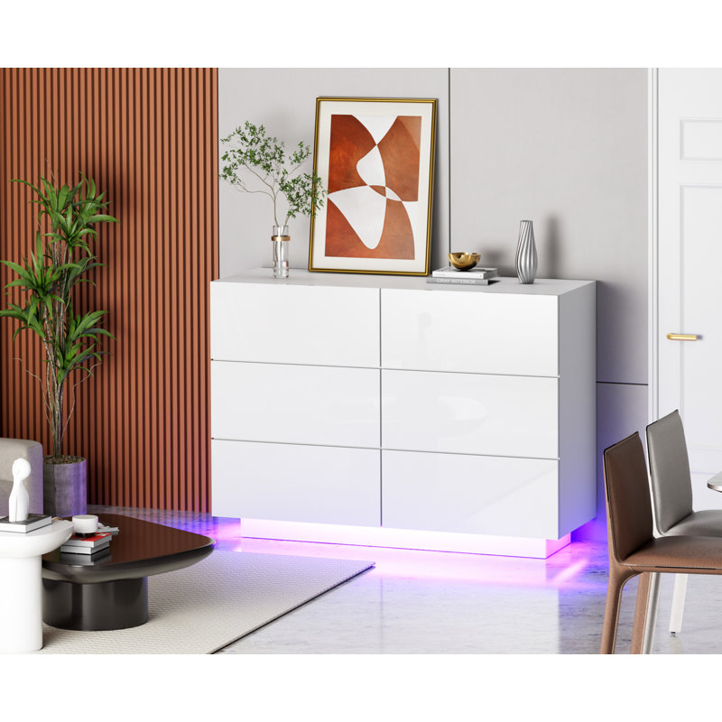 Commode 6 tiroirs avec lumière DEL Aylina, Blanc