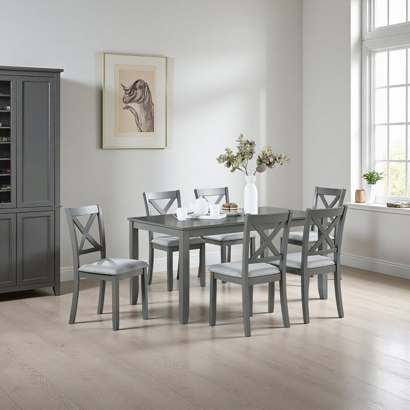 Ensemble de table à manger et de chaises en bois massif 7 pièces, table moderne de 58,5 pouces avec chaises rembourrées 6 pièces (style X-Back) pour la cuisine