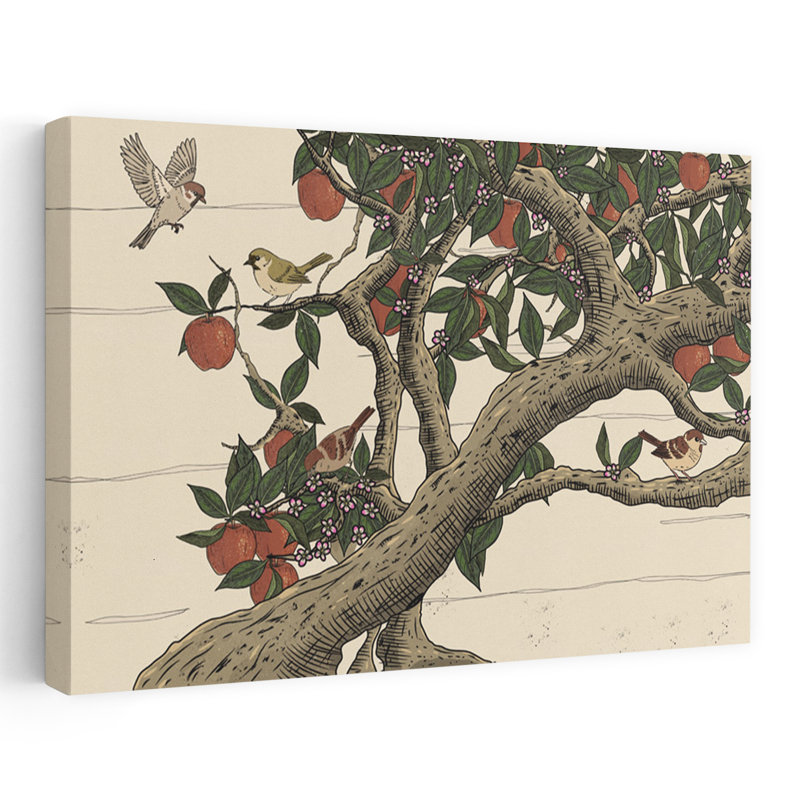 Oiseaux dans un pommier biologique paisible, serein, pommier, fruit, nature, art mural, H 24 po x l 36 po